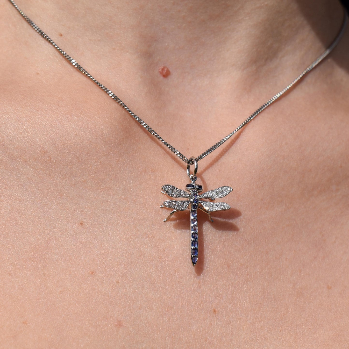 Sapphire and Diamond Platinum Dragonfly Insect Pendant | 0.45ct Sapphire