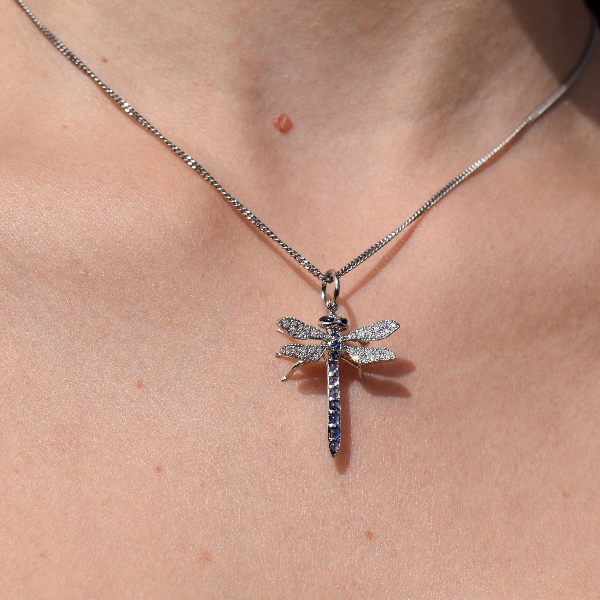 Sapphire and Diamond Platinum Dragonfly Insect Pendant | 0.45ct Sapphire