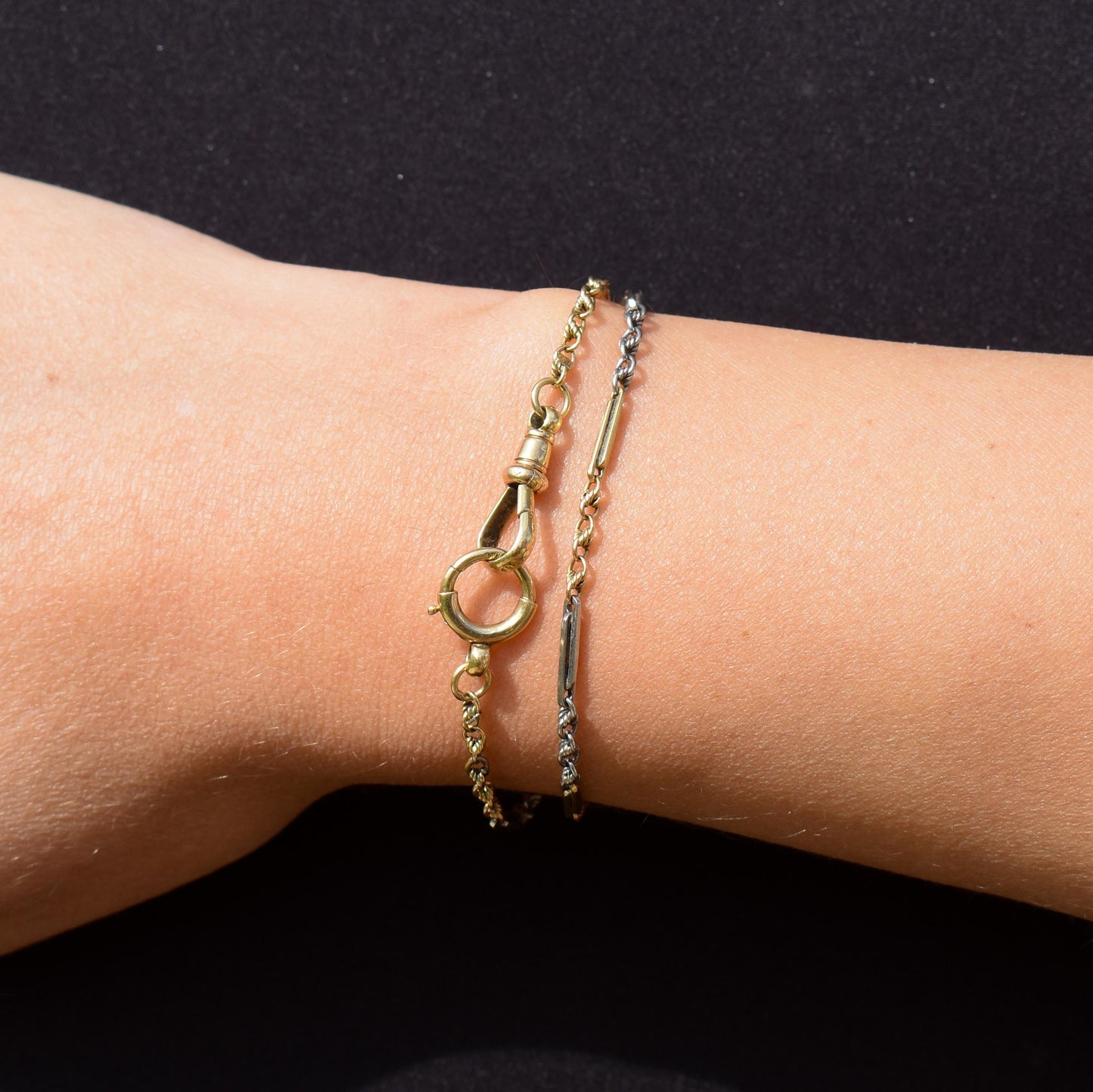 Antique 18ct Gold and Platinum Watch Chain Necklace with Dog Clip and Bolt Ring | 12.75"