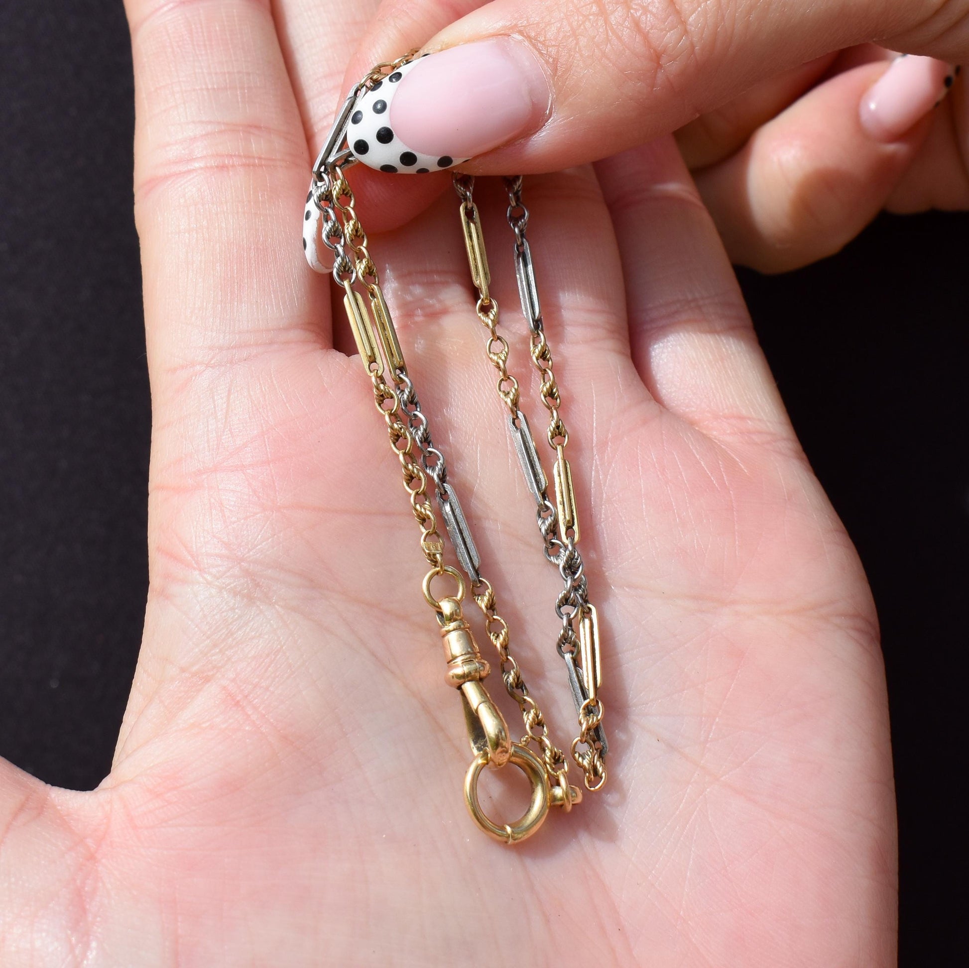 Antique 18ct Gold and Platinum Watch Chain Necklace with Dog Clip and Bolt Ring | 12.75"