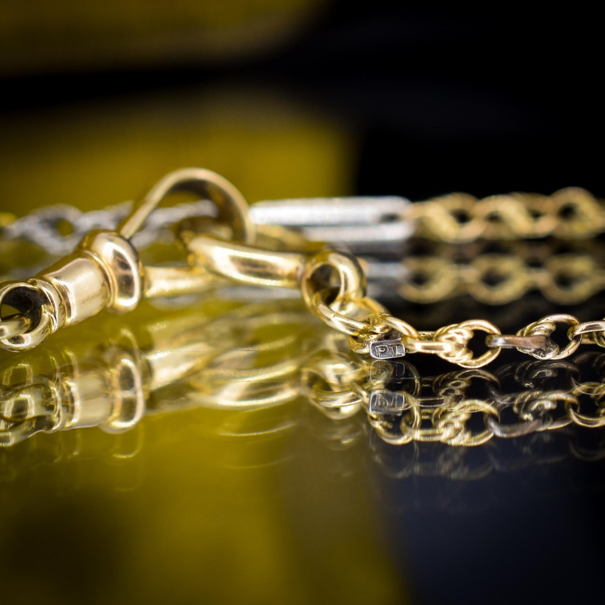 Antique 18ct Gold and Platinum Watch Chain Necklace with Dog Clip and Bolt Ring | 12.75"