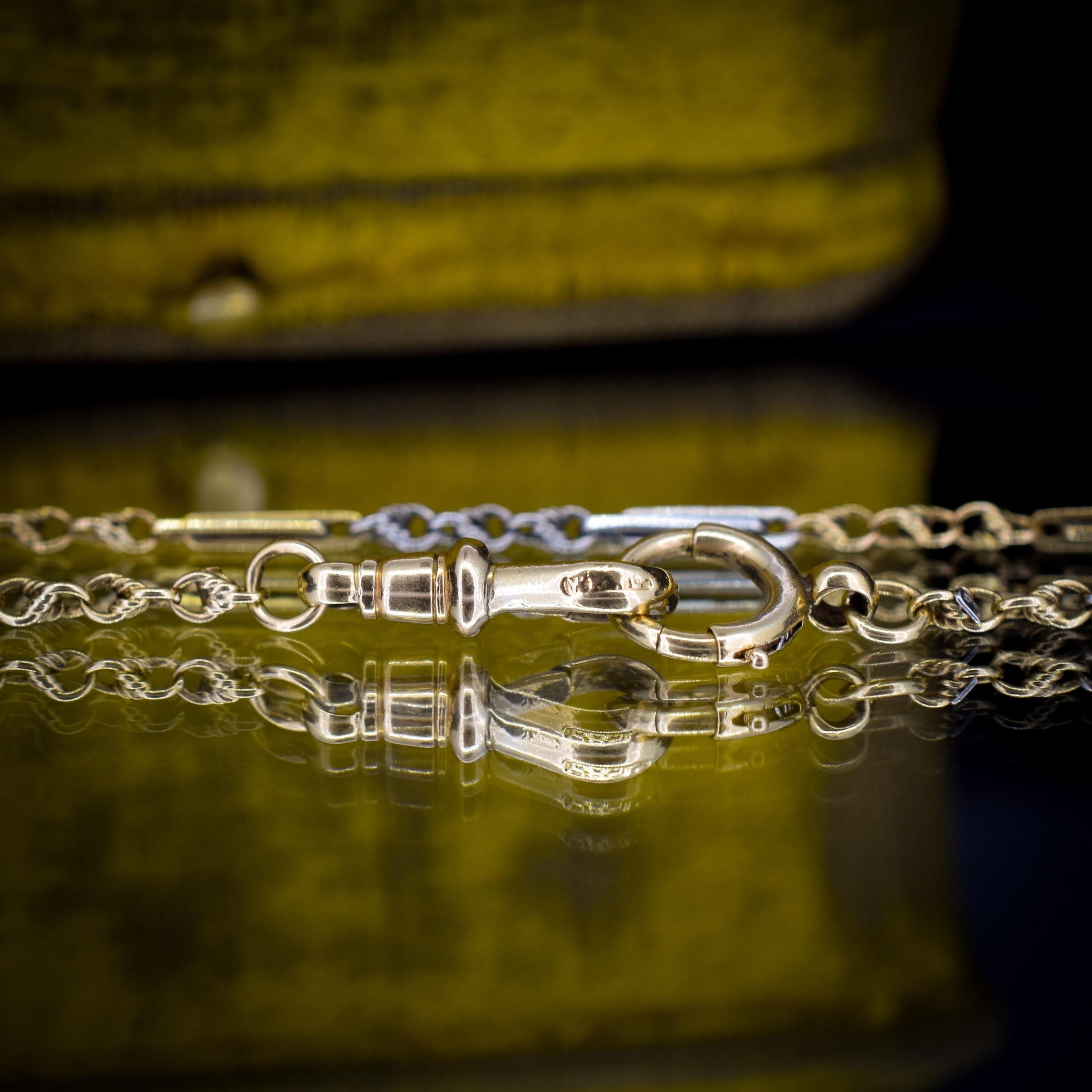 Antique 18ct Gold and Platinum Watch Chain Necklace with Dog Clip and Bolt Ring | 12.75"