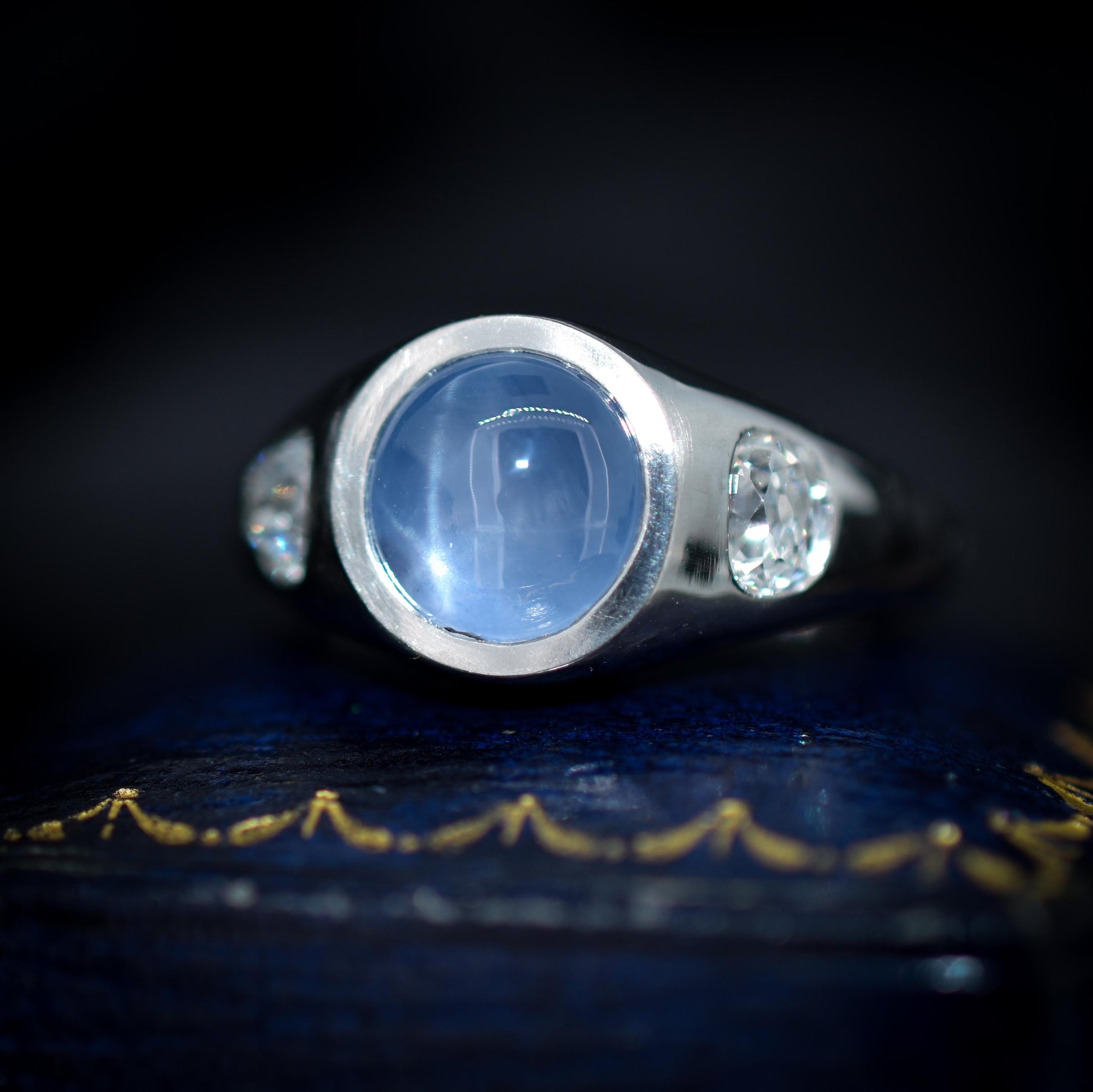 Certified 4.18ct Star Sapphire and Diamond Three Stone Platinum Band Ring