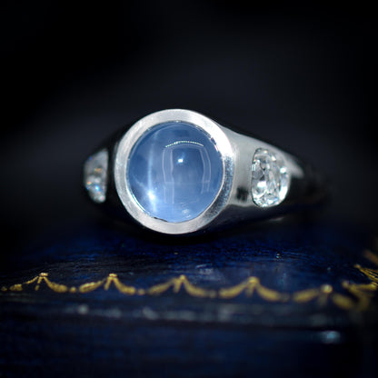 Certified 4.18ct Star Sapphire and Diamond Three Stone Platinum Band Ring