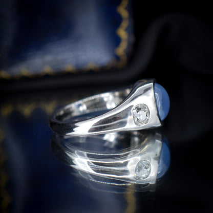 Certified 4.18ct Star Sapphire and Diamond Three Stone Platinum Band Ring