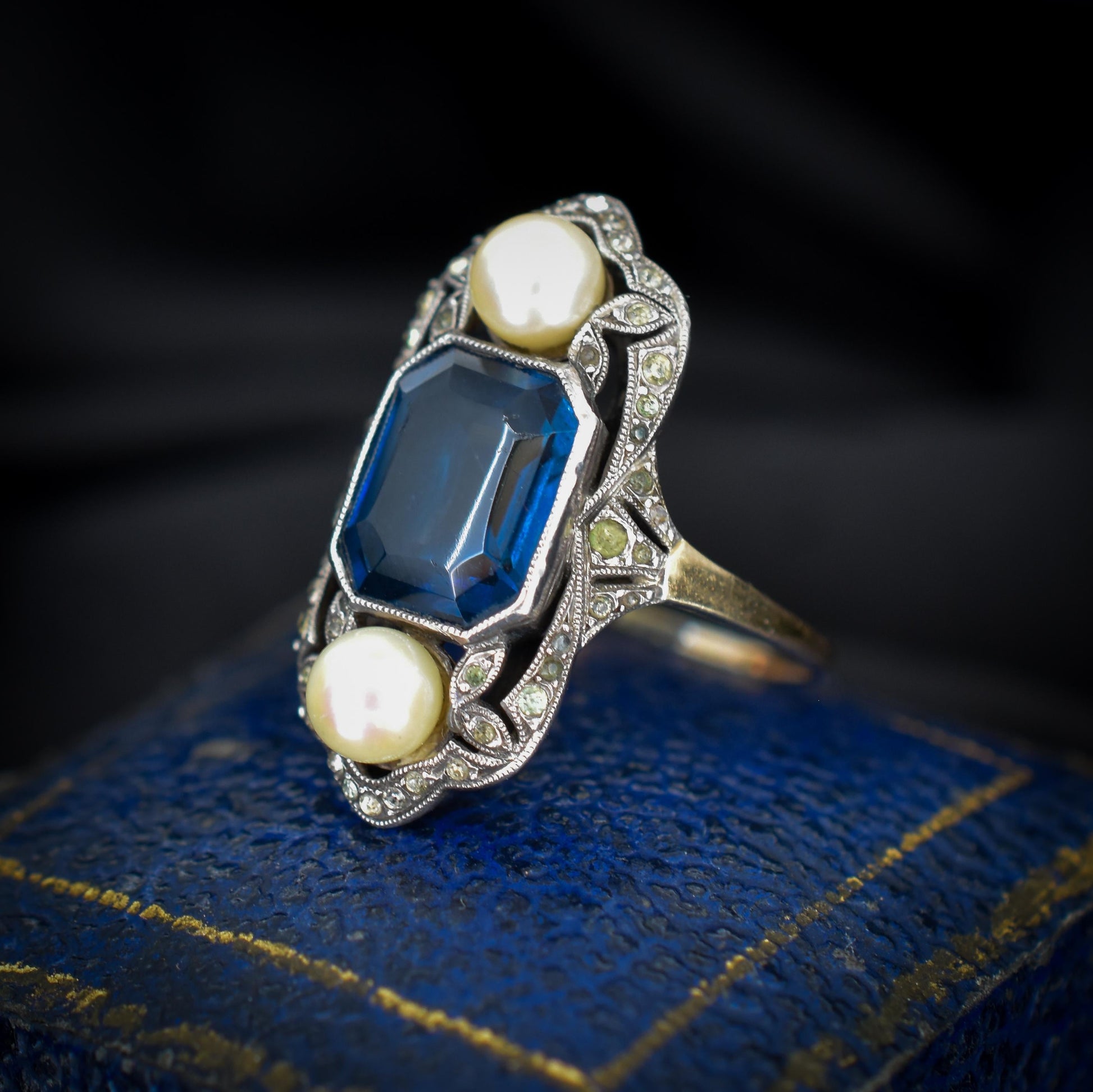 Antique Art Deco French Blue Paste and Pearl 18ct Gold Ring