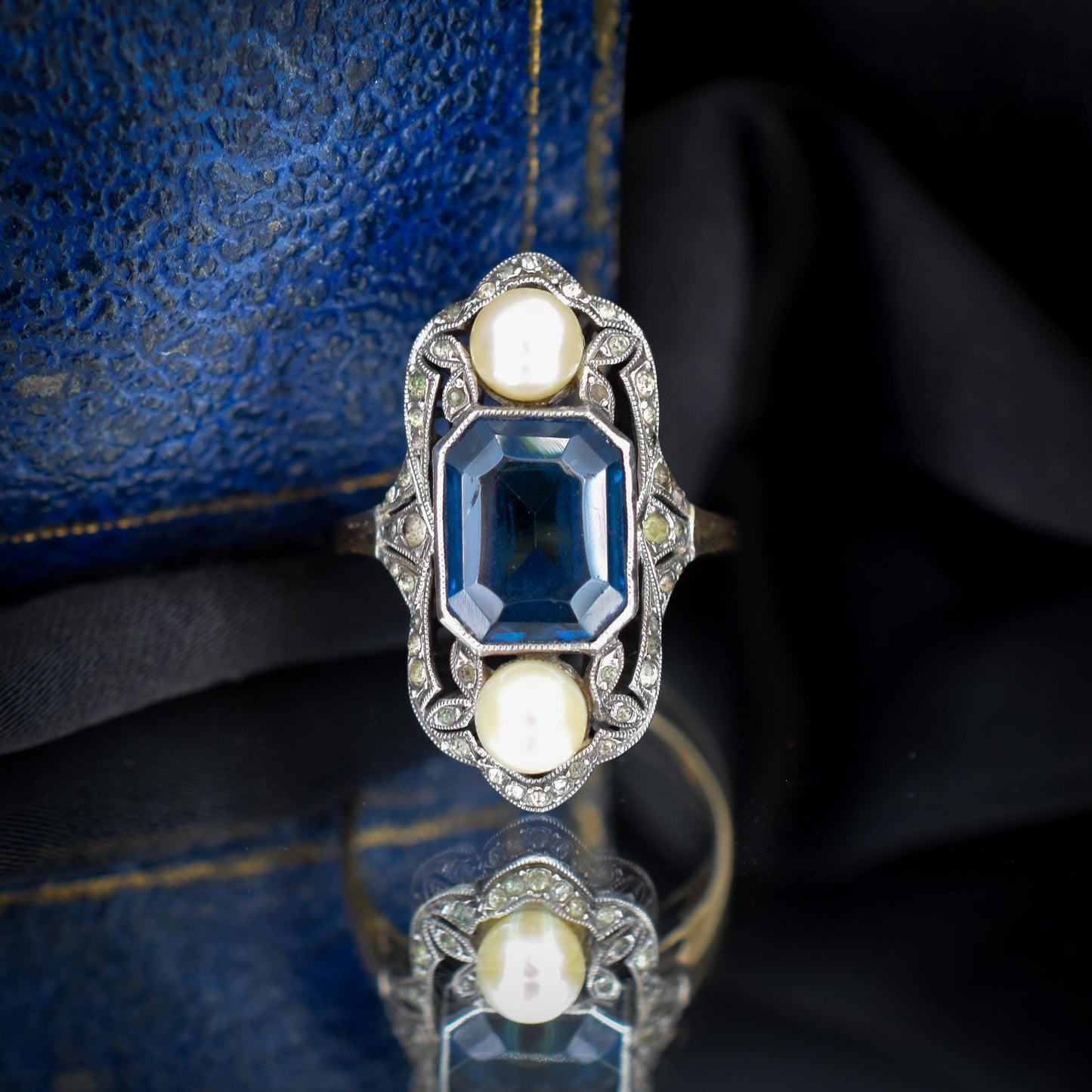 Antique Art Deco French Blue Paste and Pearl 18ct Gold Ring