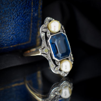 Antique Art Deco French Blue Paste and Pearl 18ct Gold Ring
