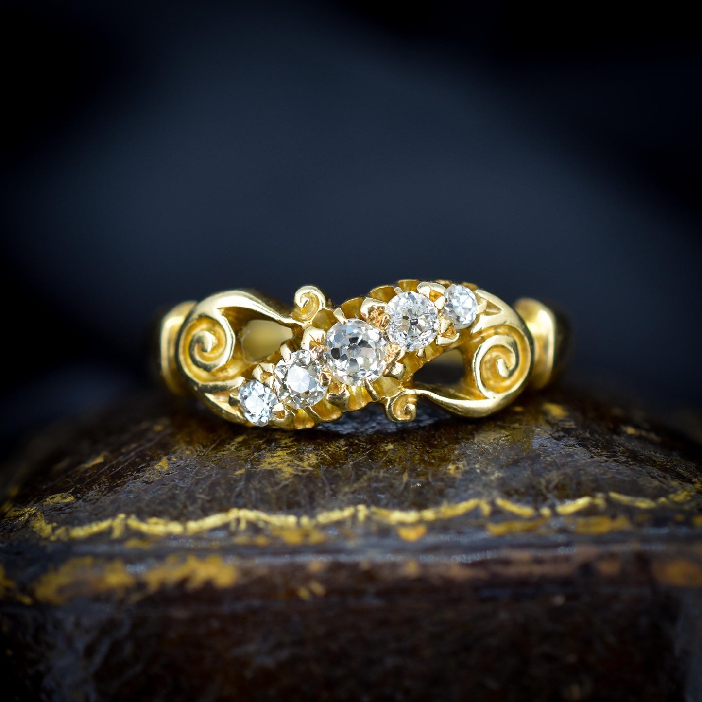 Antique Old Cut Diamond Five Stone Scroll 18ct Gold Ring