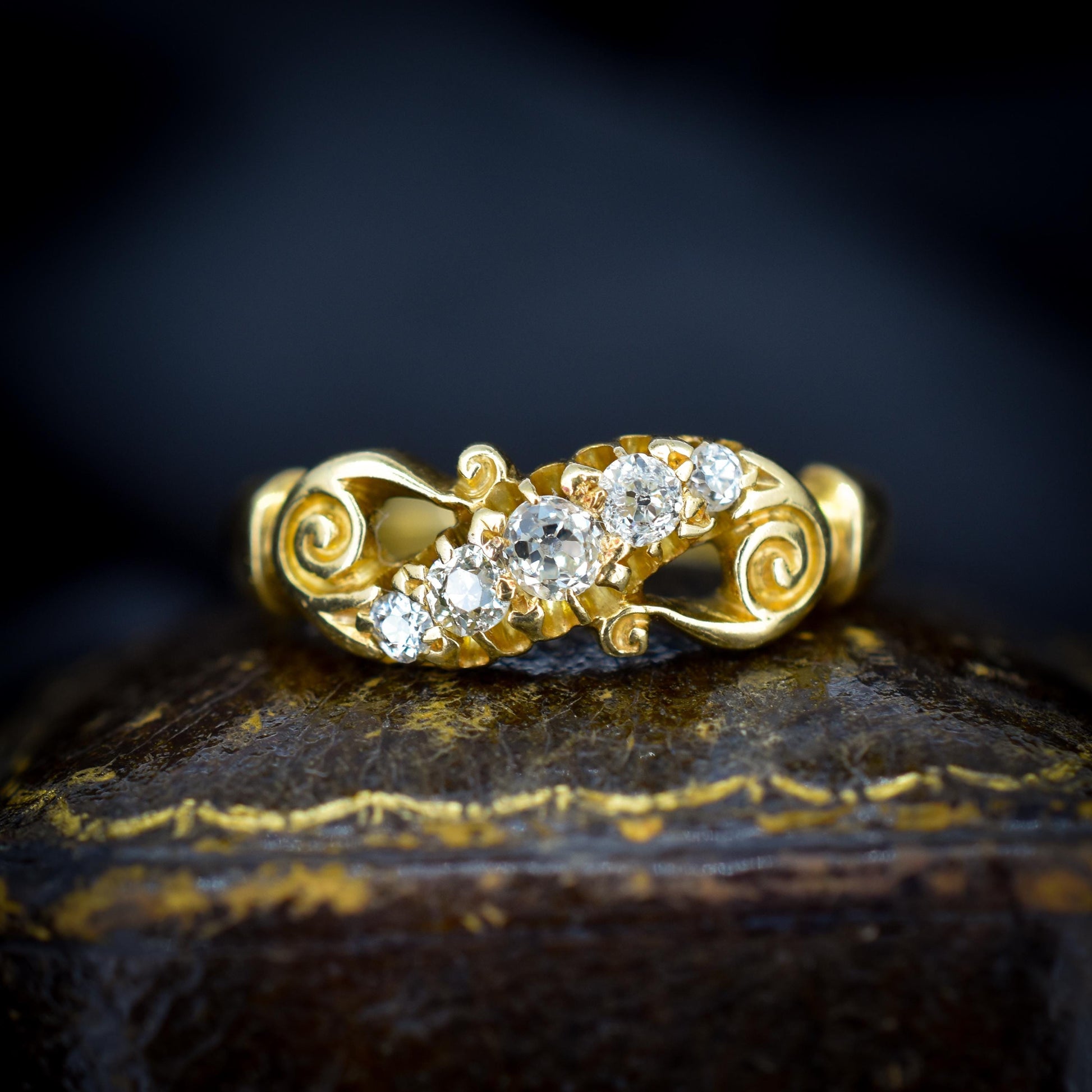 Antique Old Cut Diamond Five Stone Scroll 18ct Gold Ring