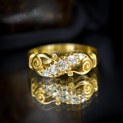 Antique Old Cut Diamond Five Stone Scroll 18ct Gold Ring