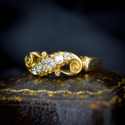 Antique Old Cut Diamond Five Stone Scroll 18ct Gold Ring