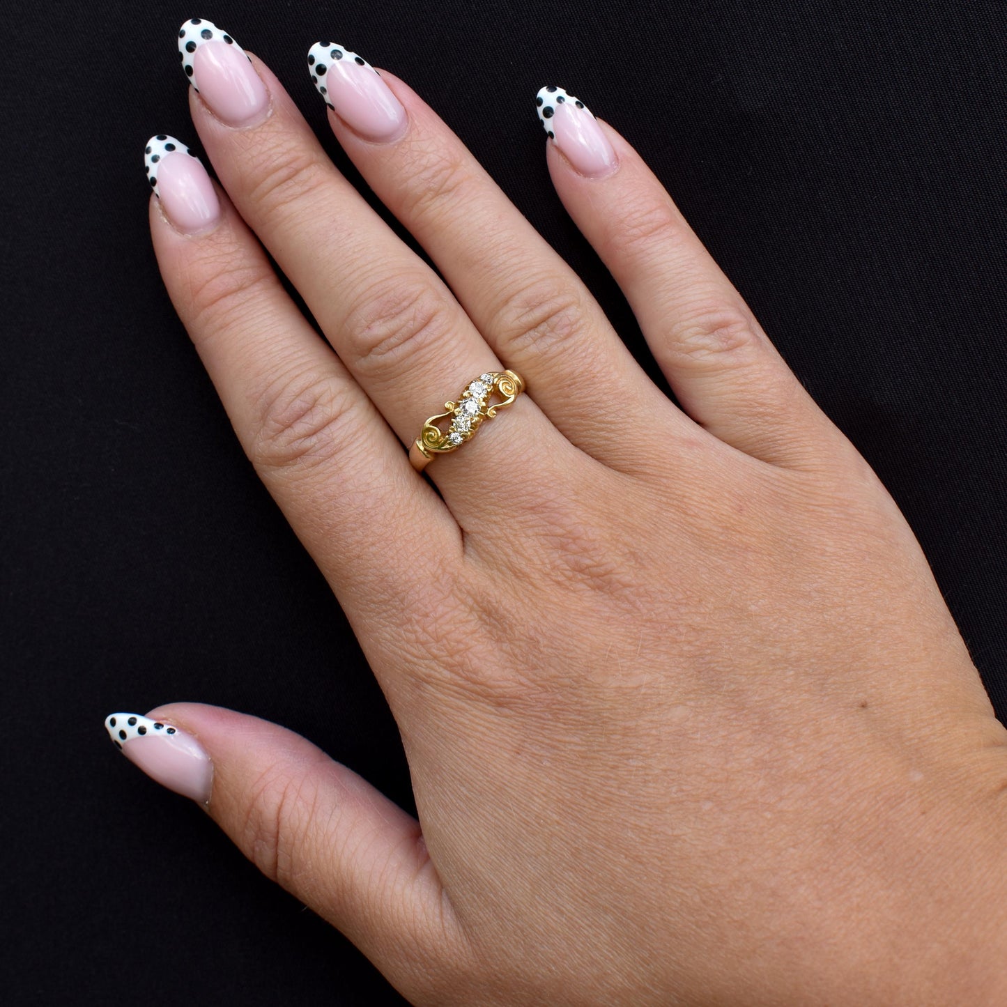 Antique Old Cut Diamond Five Stone Scroll 18ct Gold Ring