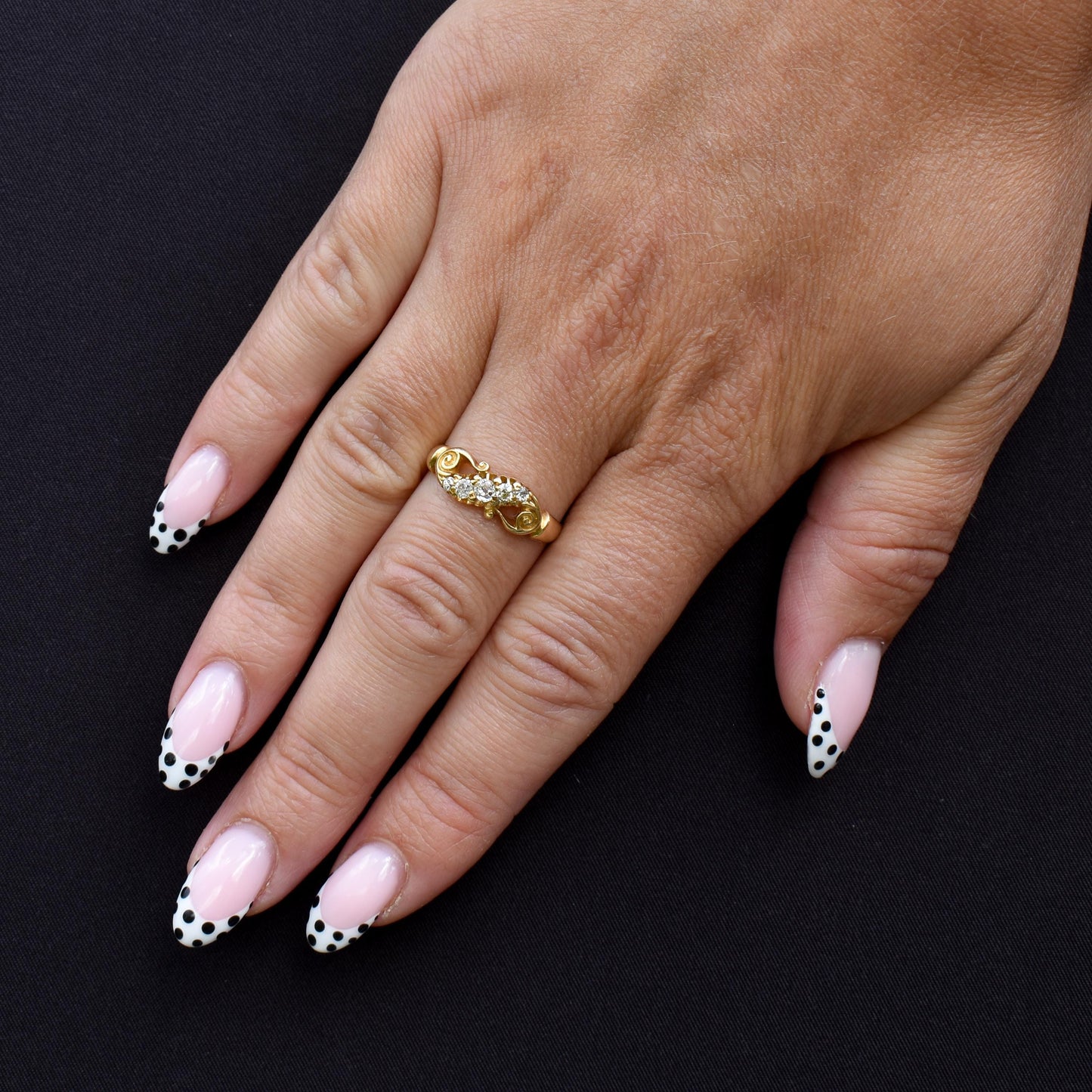 Antique Old Cut Diamond Five Stone Scroll 18ct Gold Ring