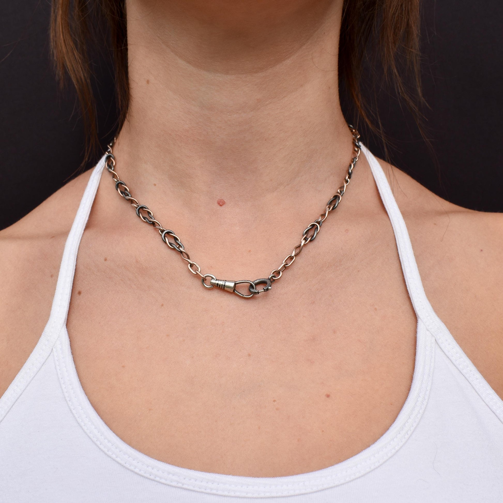 Antique French Niello Silver and Gold Fancy Link Chain Necklace | 16.5"