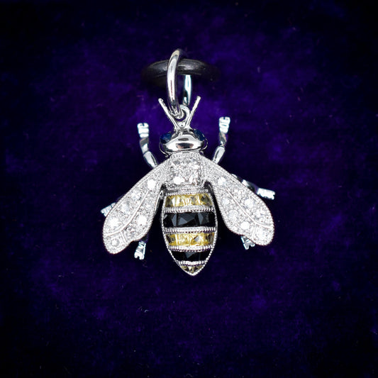 Yellow Sapphire Onyx and Diamond Platinum Insect Bee Pendant
