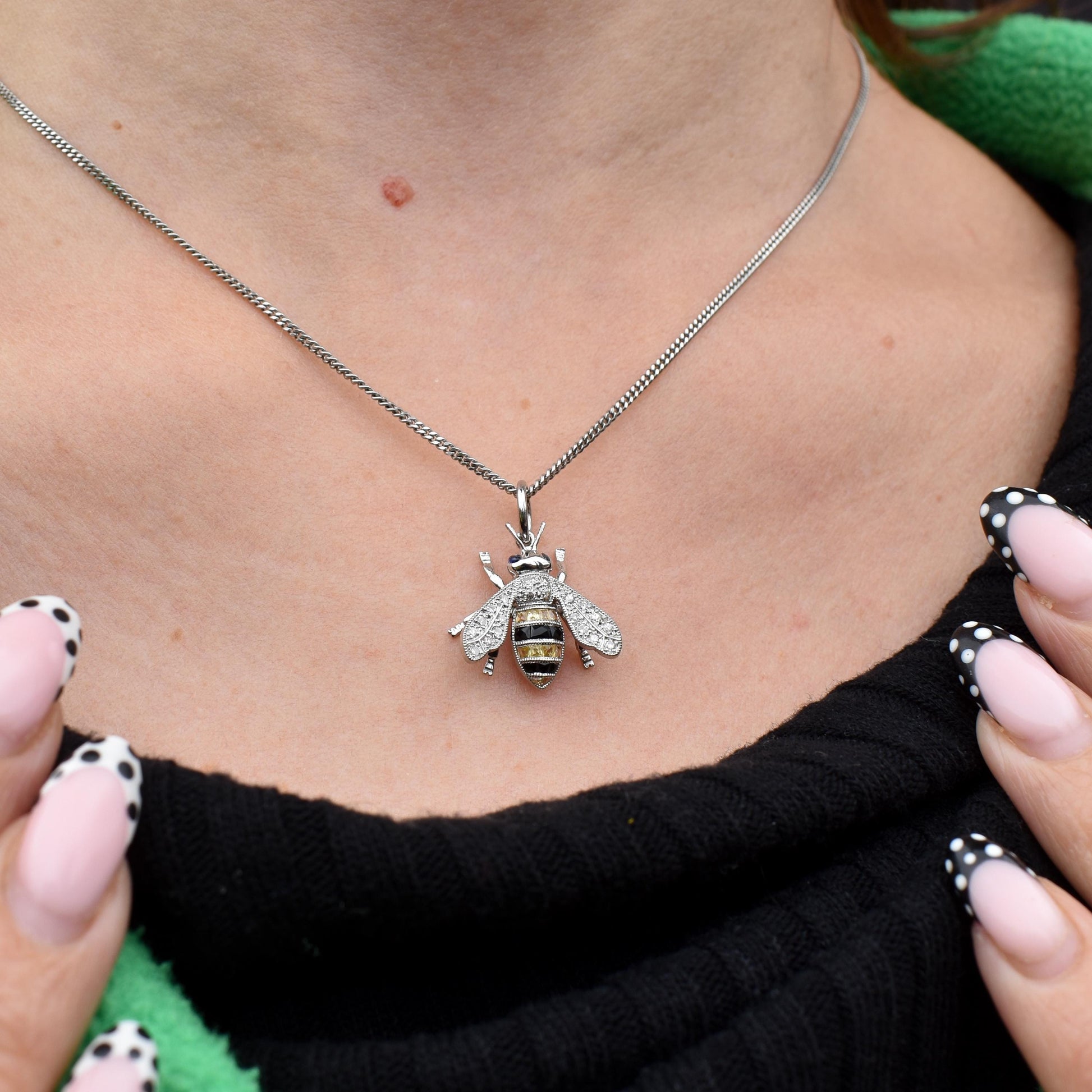 Yellow Sapphire Onyx and Diamond Platinum Insect Bee Pendant