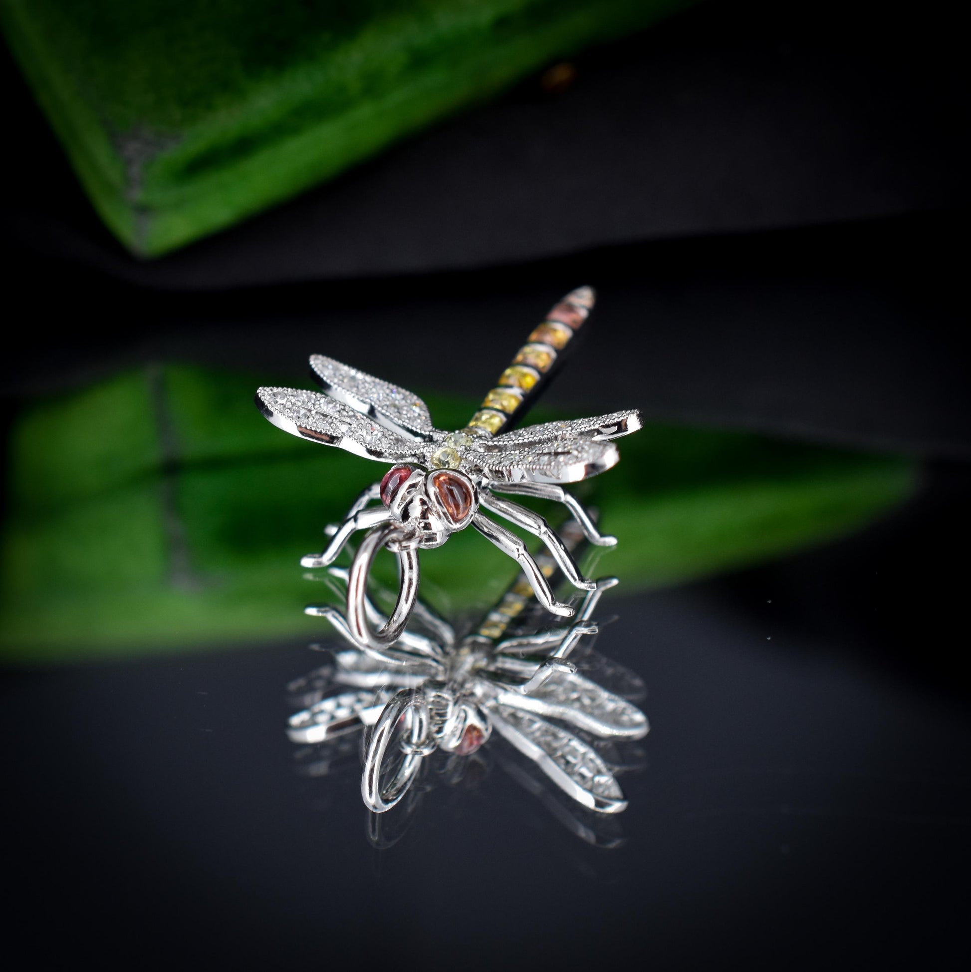 Yellow Sapphire and Diamond Platinum Dragonfly Insect Pendant