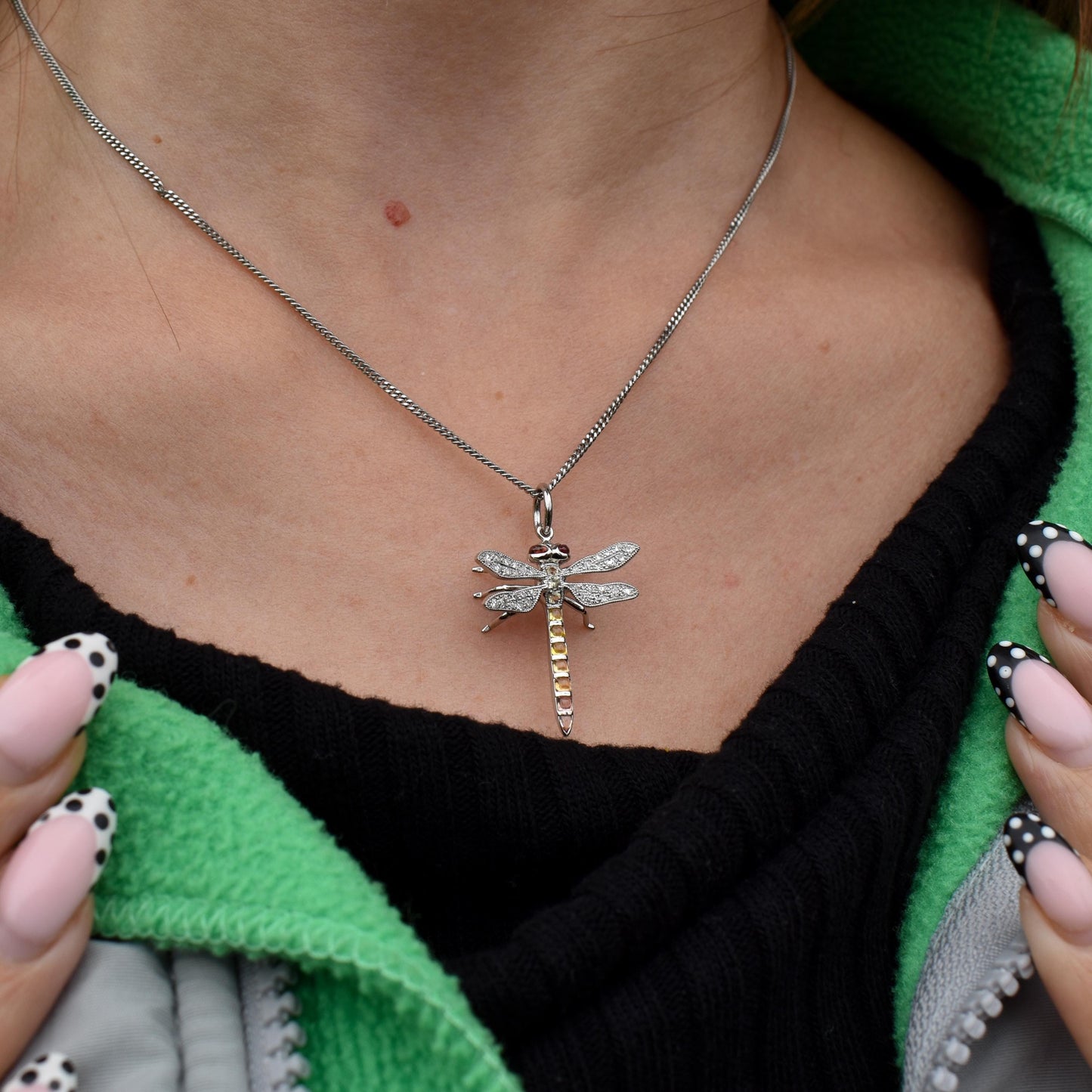 Yellow Sapphire and Diamond Platinum Dragonfly Insect Pendant