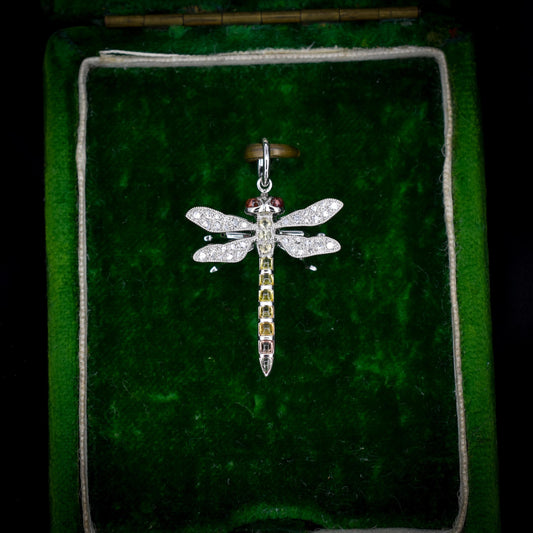 Yellow Sapphire and Diamond Platinum Dragonfly Insect Pendant