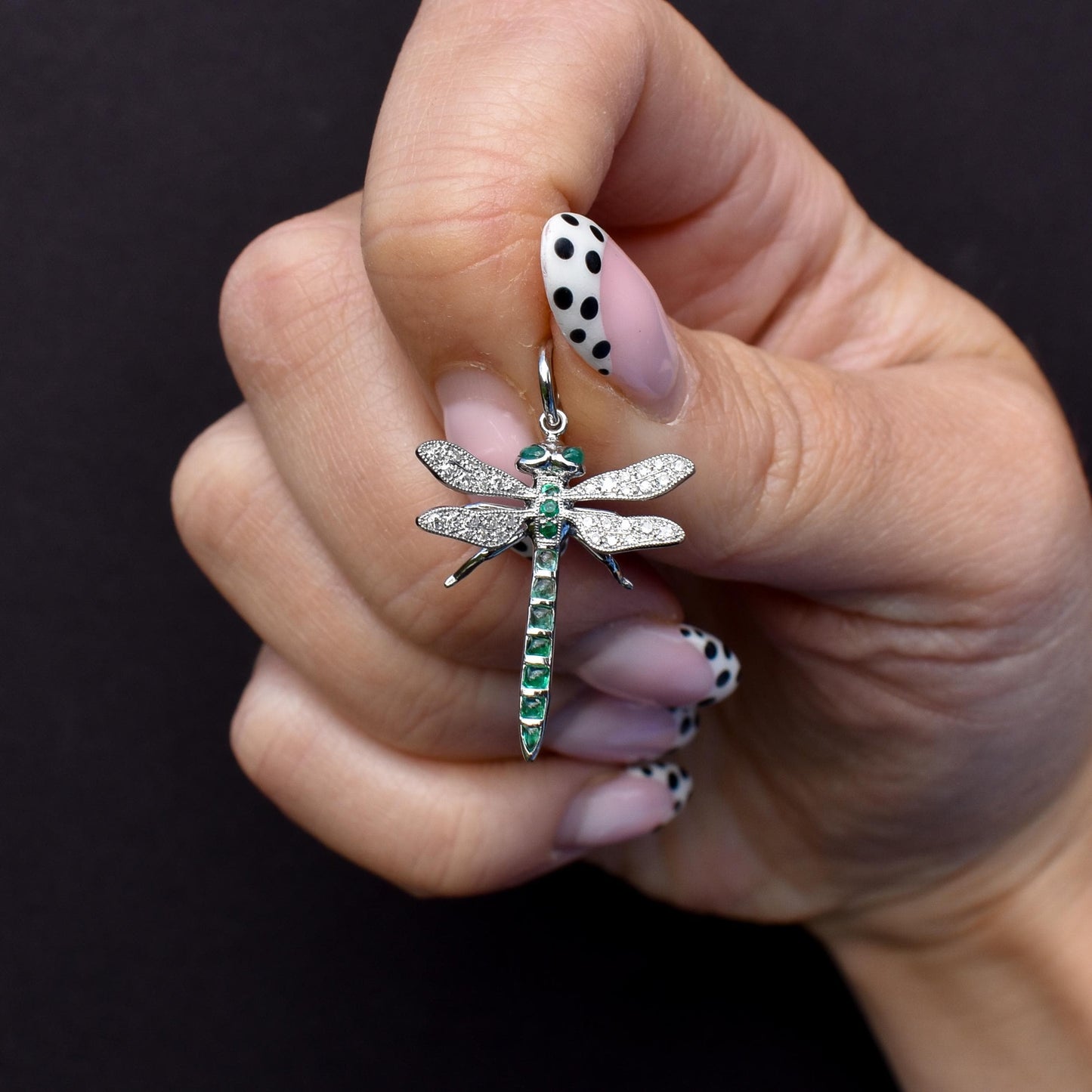 Emerald and Diamond Platinum Dragonfly Insect Pendant
