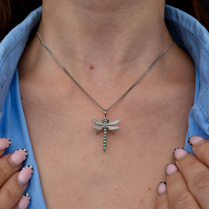 Emerald and Diamond Platinum Dragonfly Insect Pendant