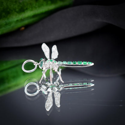 Emerald and Diamond Platinum Dragonfly Insect Pendant