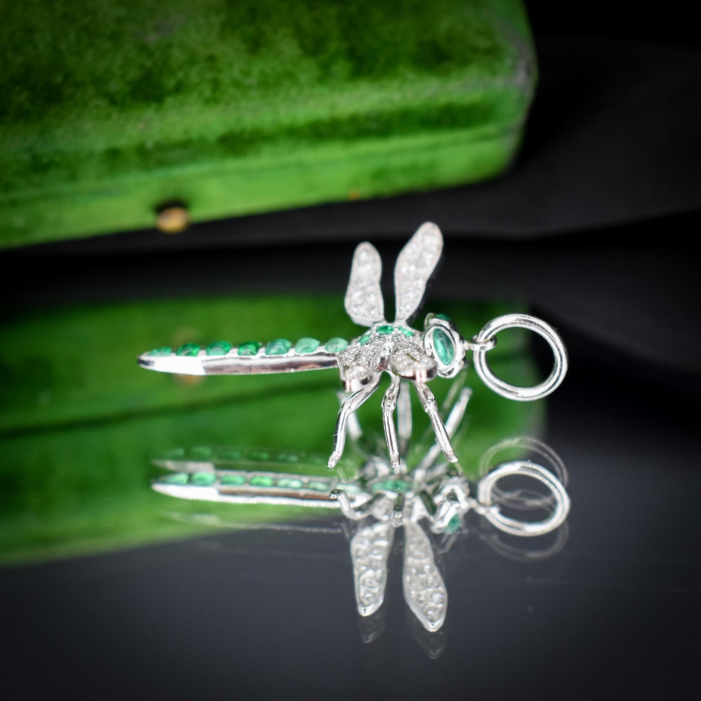 Emerald and Diamond Platinum Dragonfly Insect Pendant