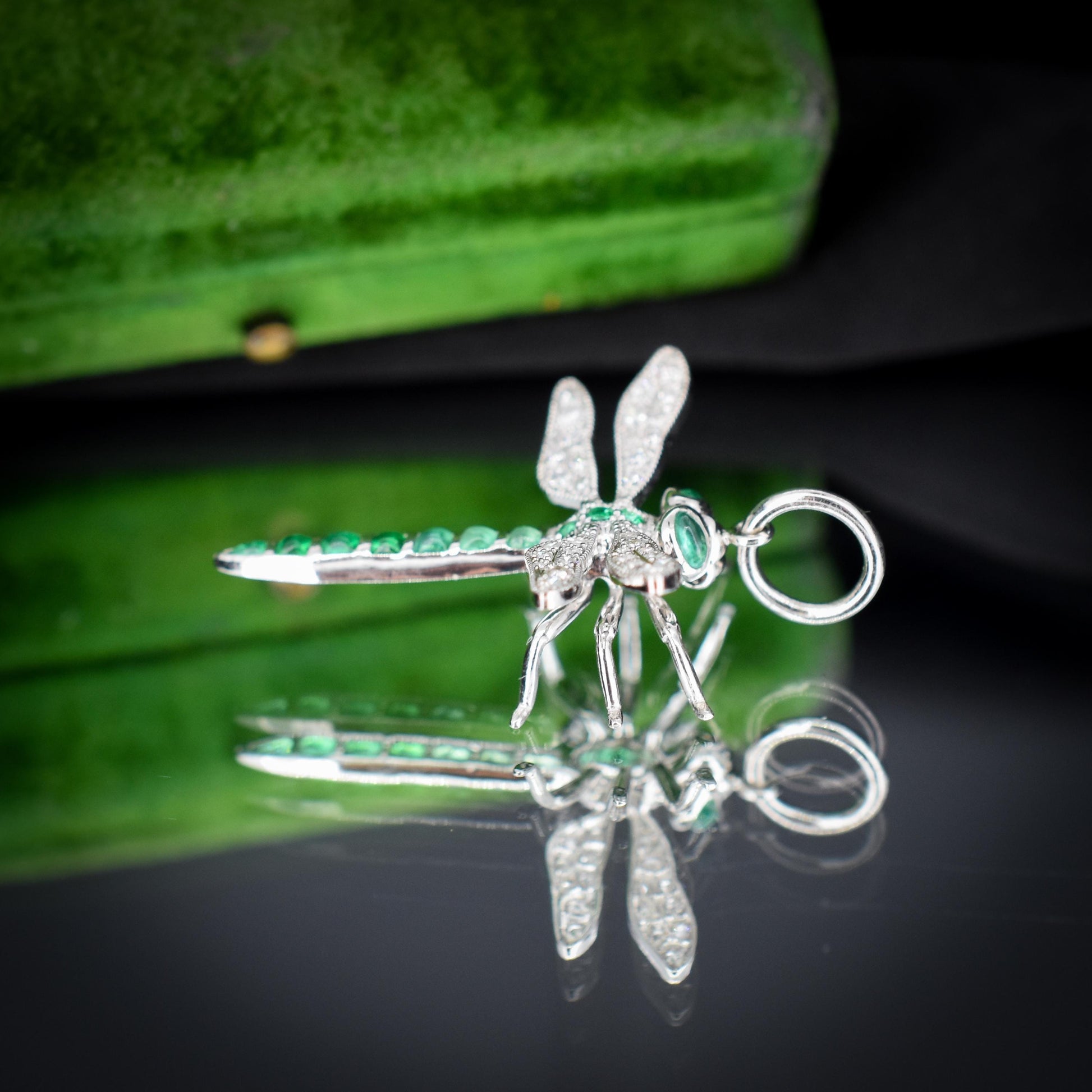 Emerald and Diamond Platinum Dragonfly Insect Pendant