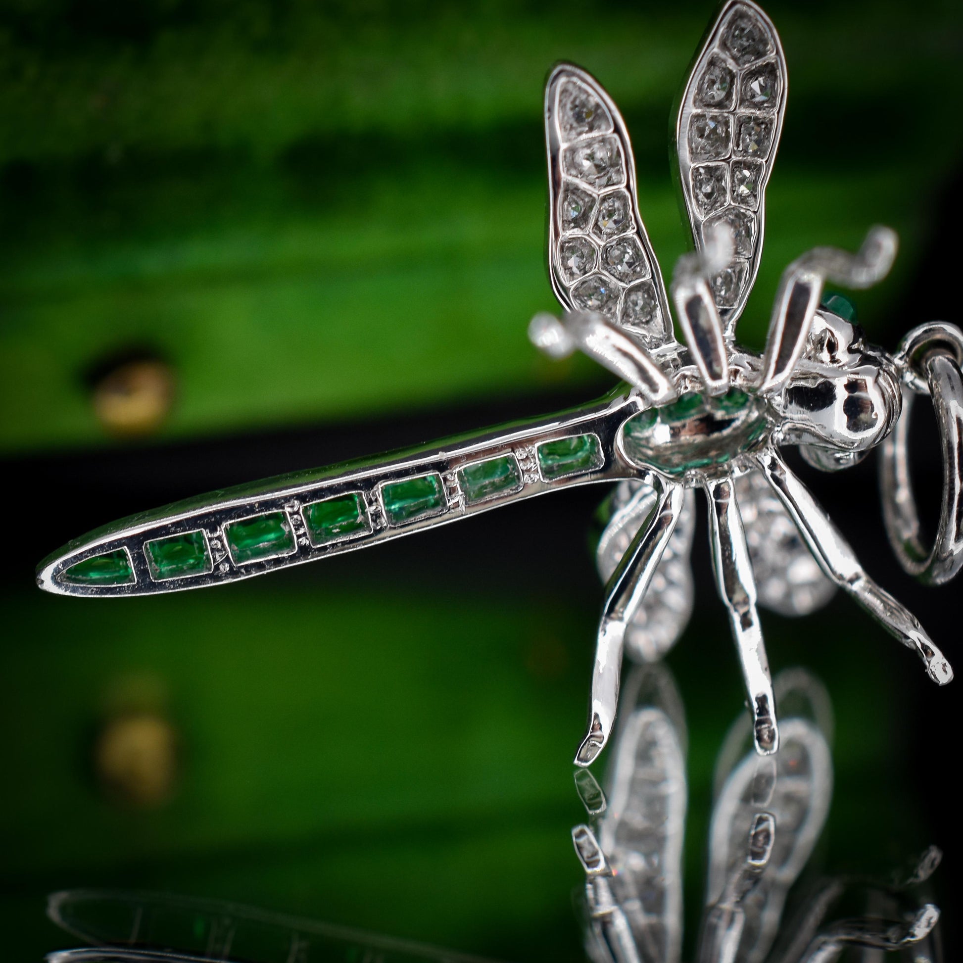 Emerald and Diamond Platinum Dragonfly Insect Pendant