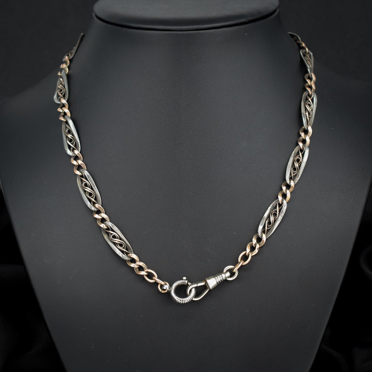 Antique French Niello Silver and Gold Fancy Link Chain Necklace | 17.75"