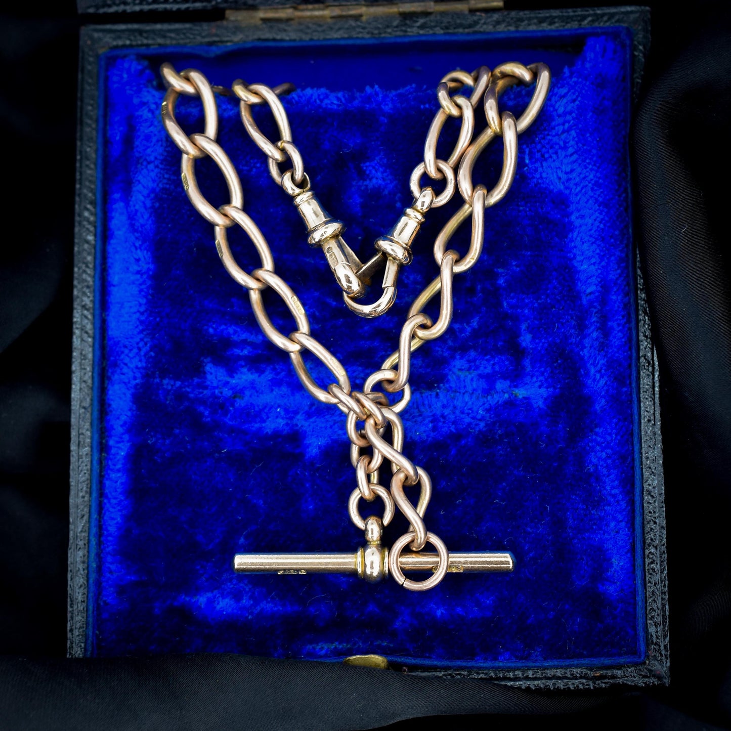 Antique Chester '1919' 9ct Gold Oval Link with Double Dog Clip Albert Watch Chain Necklace | 14.5"