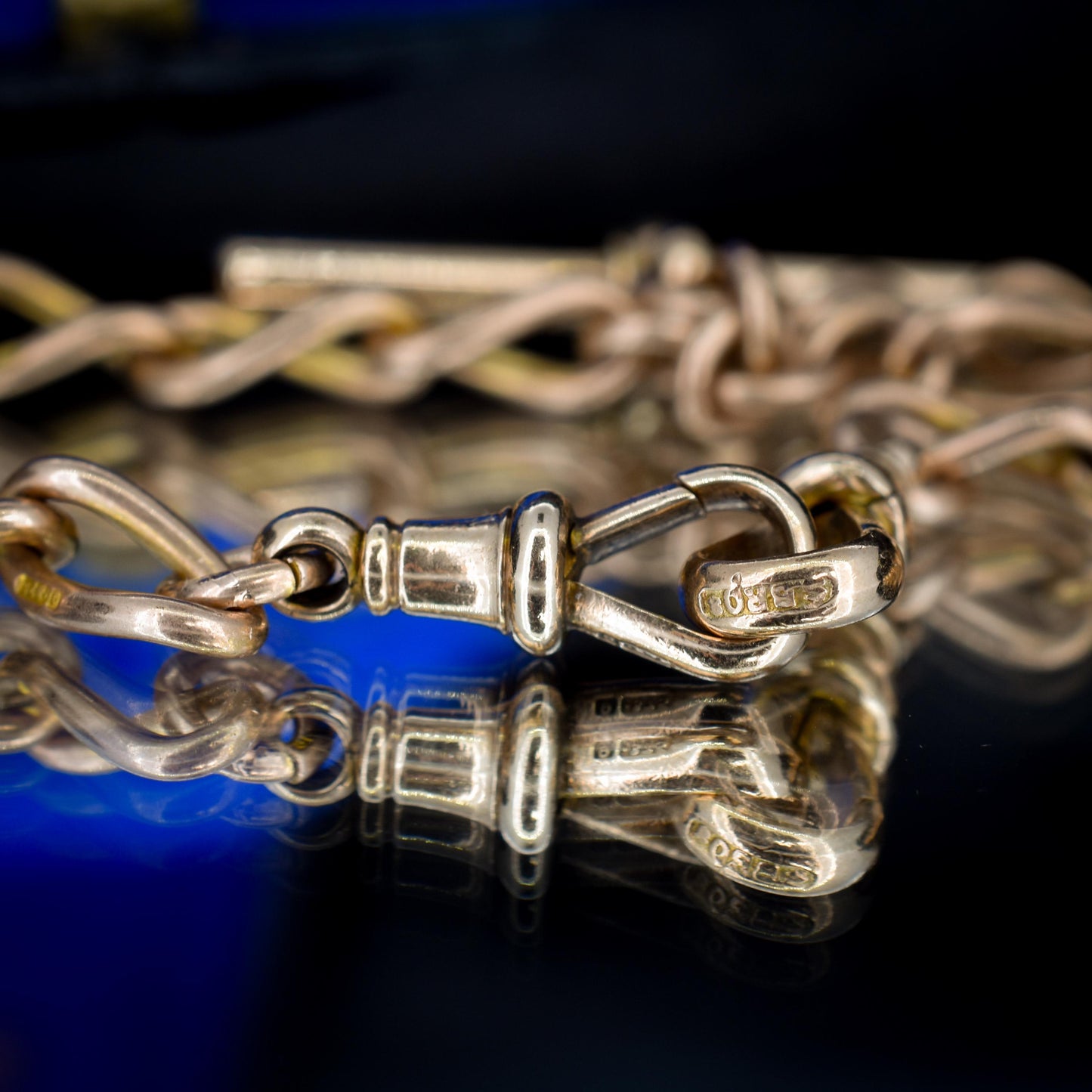 Antique Chester '1919' 9ct Gold Oval Link with Double Dog Clip Albert Watch Chain Necklace | 14.5"