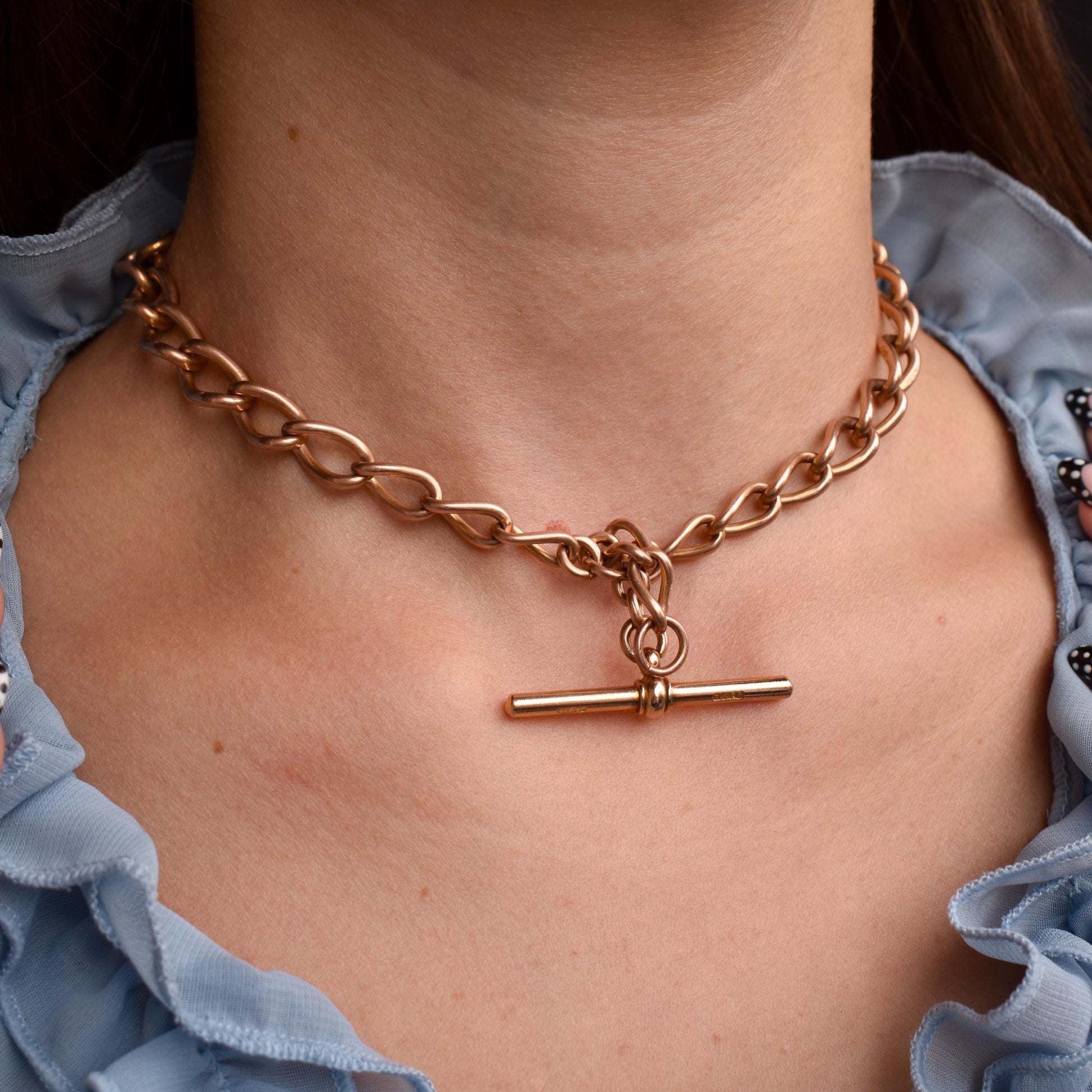 Antique Chester '1919' 9ct Gold Oval Link with Double Dog Clip Albert Watch Chain Necklace | 14.5"