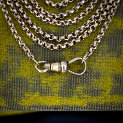 Antique Rolled Gold Faceted Belcher Link Muff Guard Chain Necklace With Dog Clip | 55"