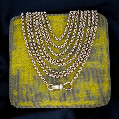 Antique Rolled Gold Faceted Belcher Link Muff Guard Chain Necklace With Dog Clip | 55"