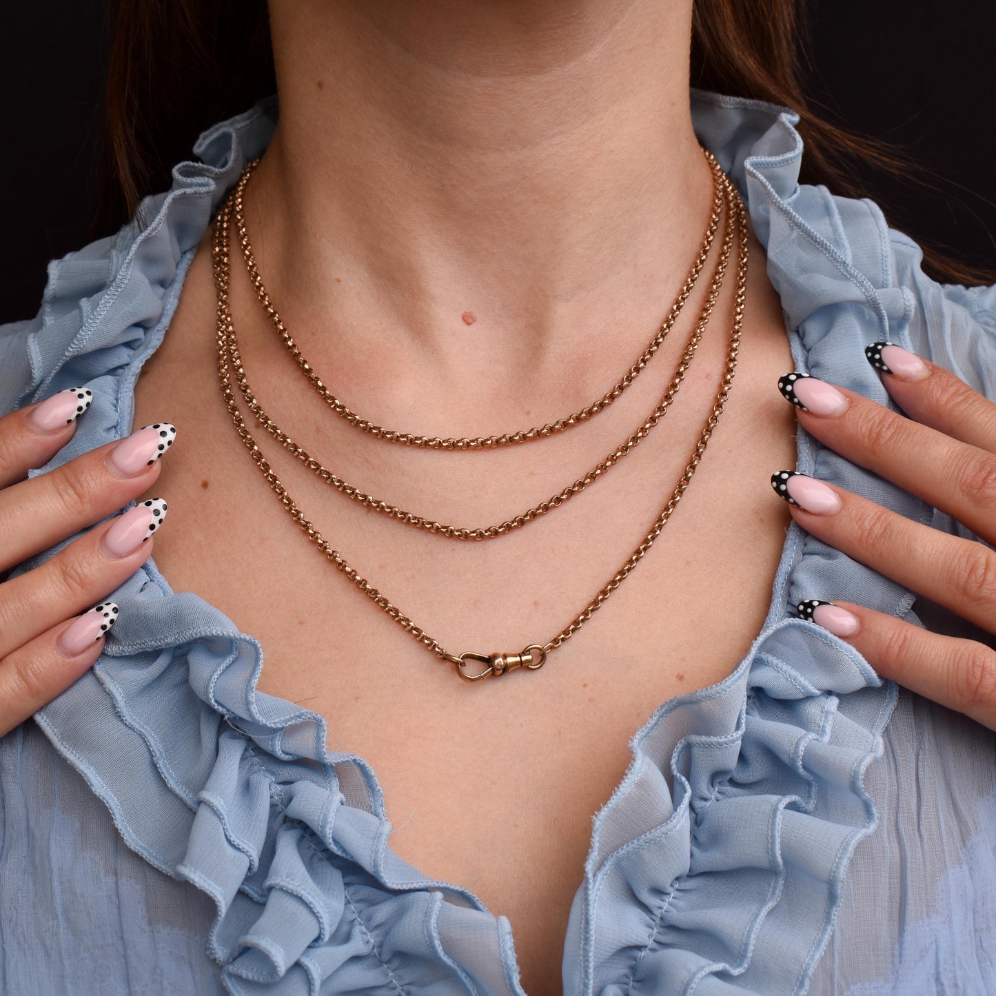 Antique Rolled Gold Faceted Belcher Link Muff Guard Chain Necklace With Dog Clip | 55"