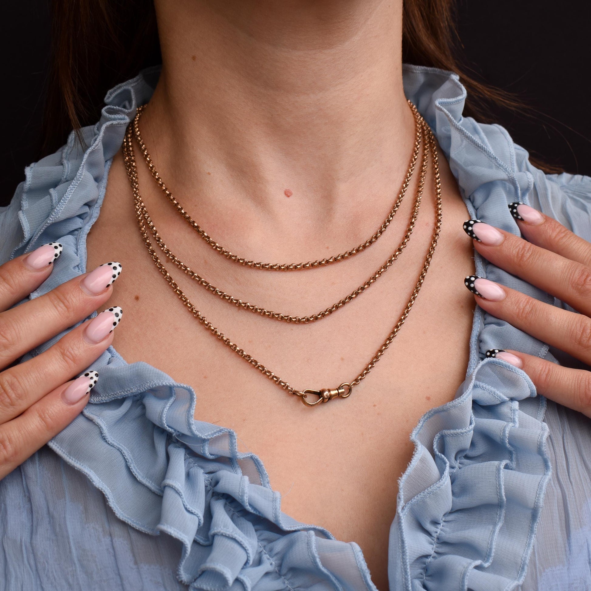 Antique Rolled Gold Faceted Belcher Link Muff Guard Chain Necklace With Dog Clip | 55"