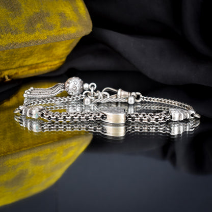 Antique Sterling Silver Heart Albertina Albert Watch Chain Bracelet with Tassel