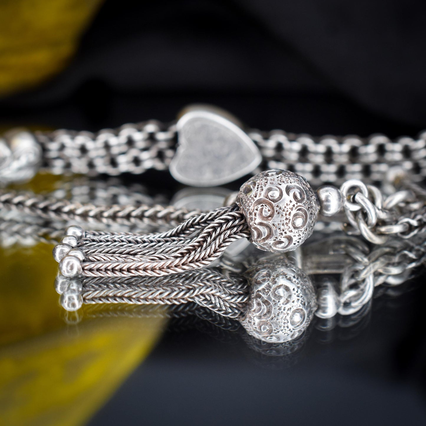 Antique Sterling Silver Heart Albertina Albert Watch Chain Bracelet with Tassel