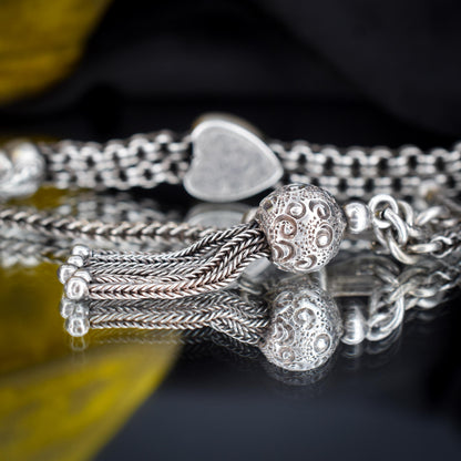 Antique Sterling Silver Heart Albertina Albert Watch Chain Bracelet with Tassel