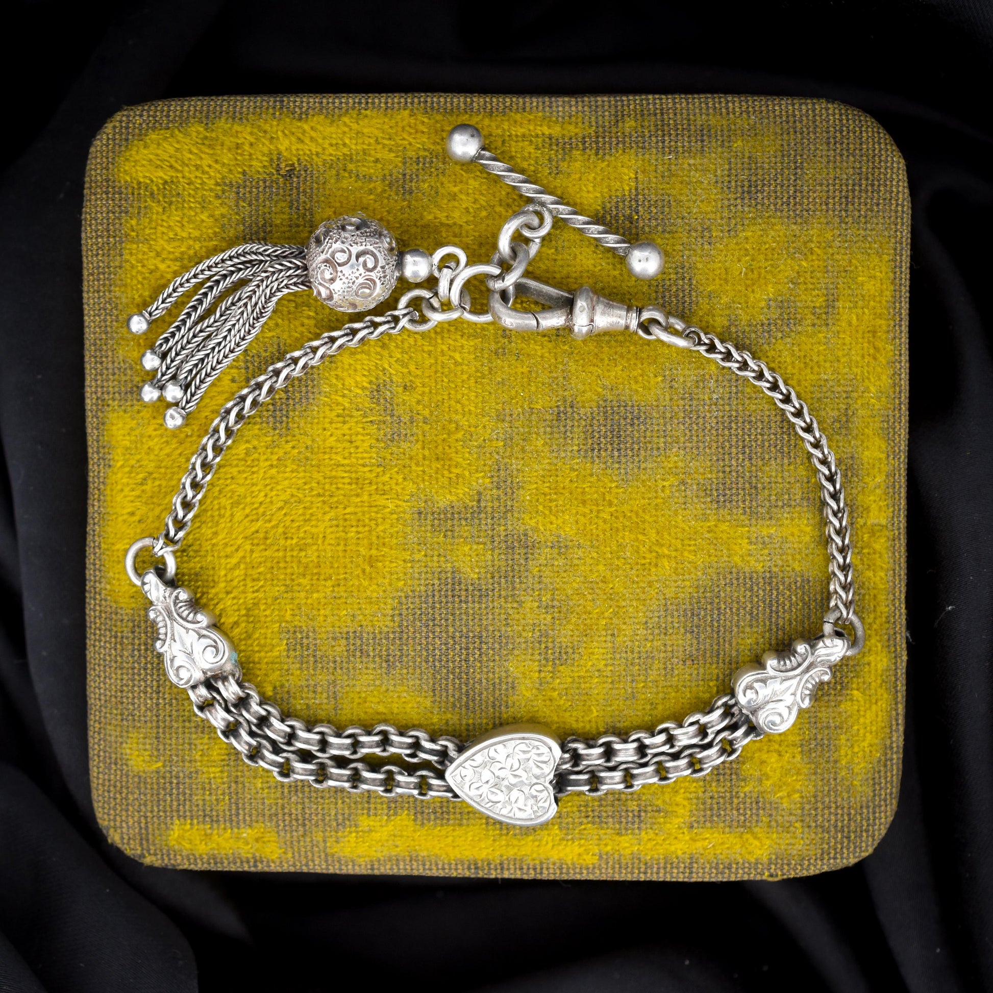 Antique Sterling Silver Heart Albertina Albert Watch Chain Bracelet with Tassel