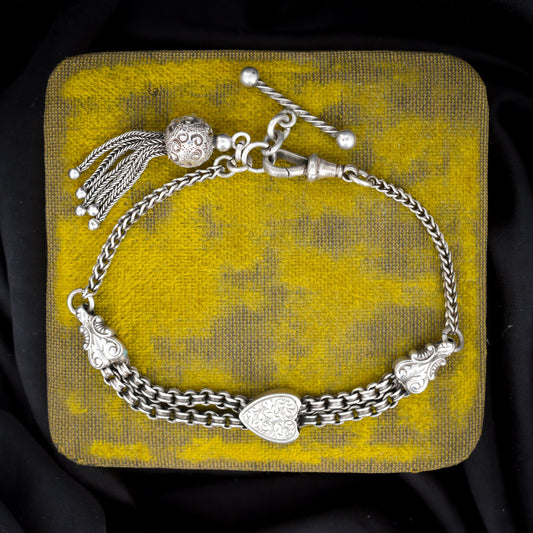 Antique Sterling Silver Heart Albertina Albert Watch Chain Bracelet with Tassel