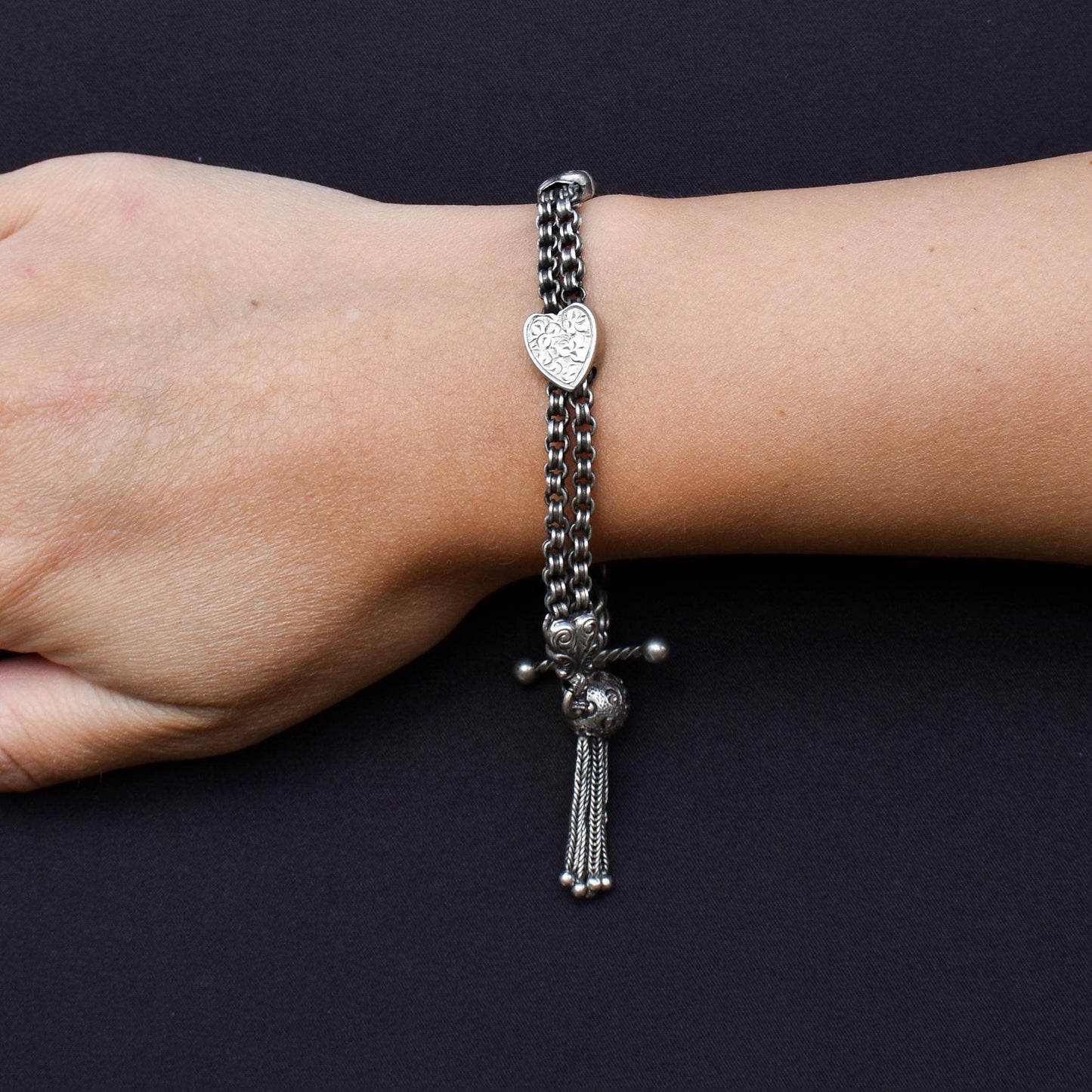Antique Sterling Silver Heart Albertina Albert Watch Chain Bracelet with Tassel