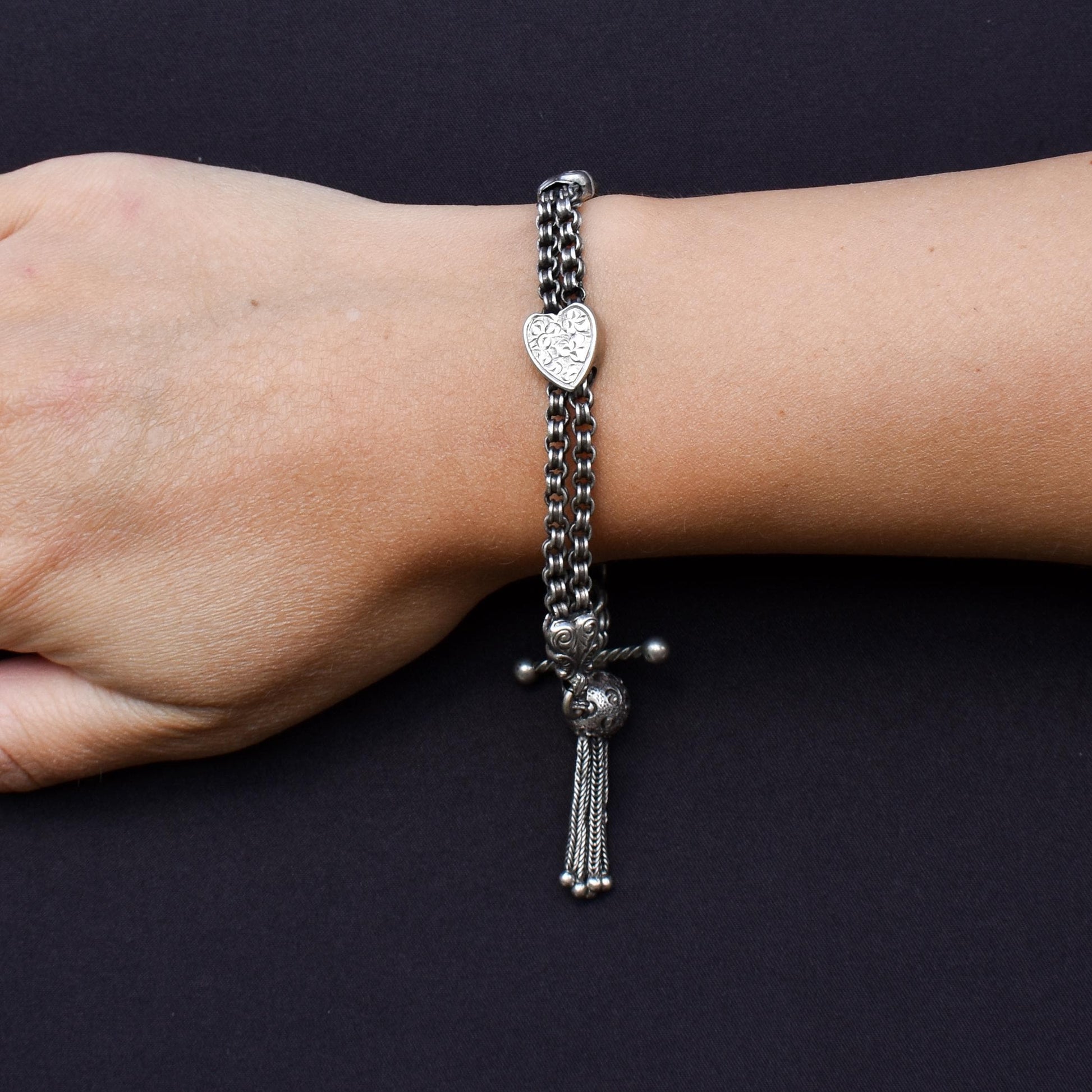 Antique Sterling Silver Heart Albertina Albert Watch Chain Bracelet with Tassel