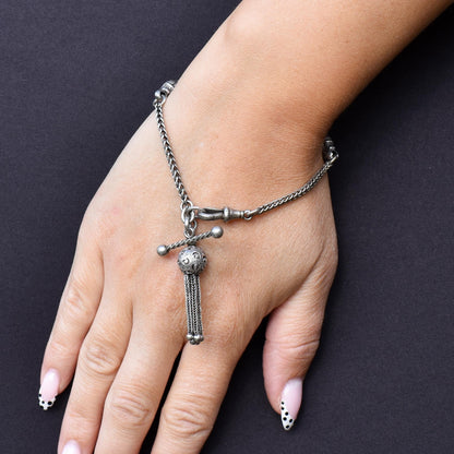 Antique Sterling Silver Heart Albertina Albert Watch Chain Bracelet with Tassel