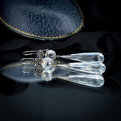 Art Deco Briolette Cut Rock Crystal Sterling Silver Drop Dangle Earrings