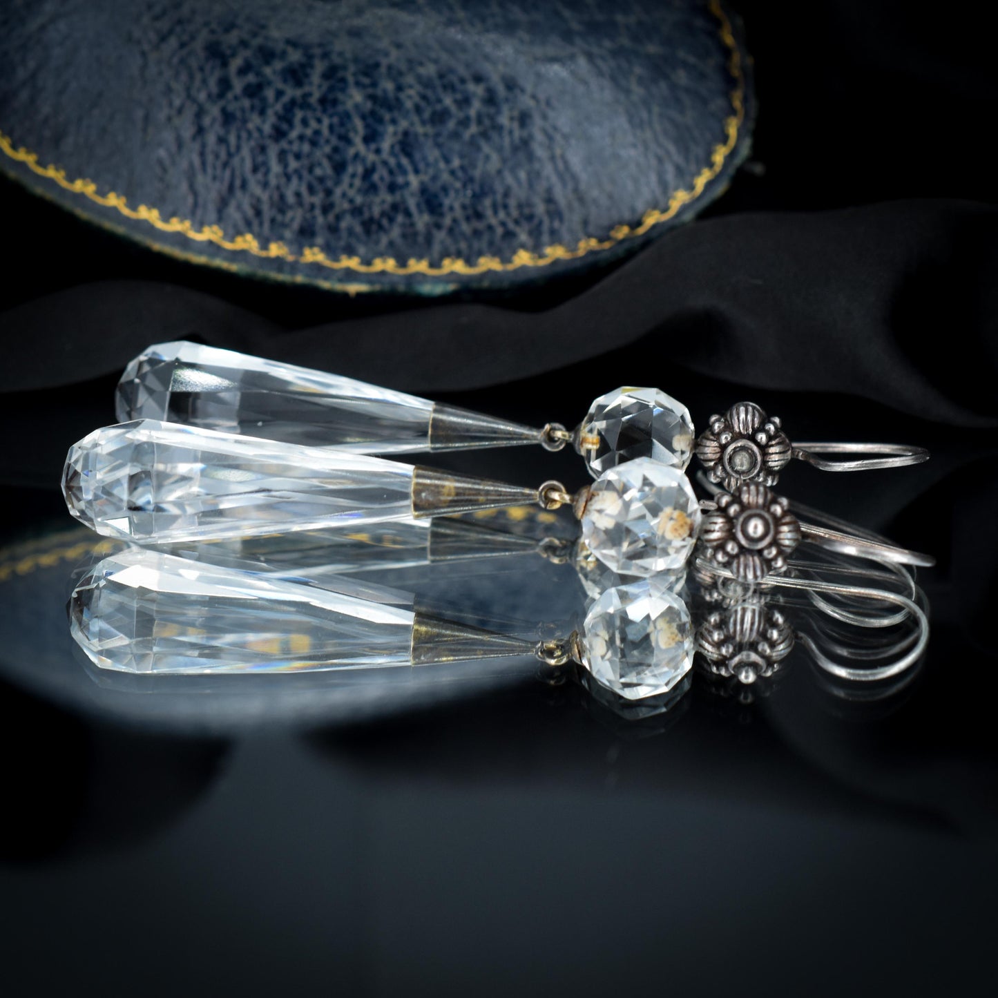 Art Deco Briolette Cut Rock Crystal Sterling Silver Drop Dangle Earrings