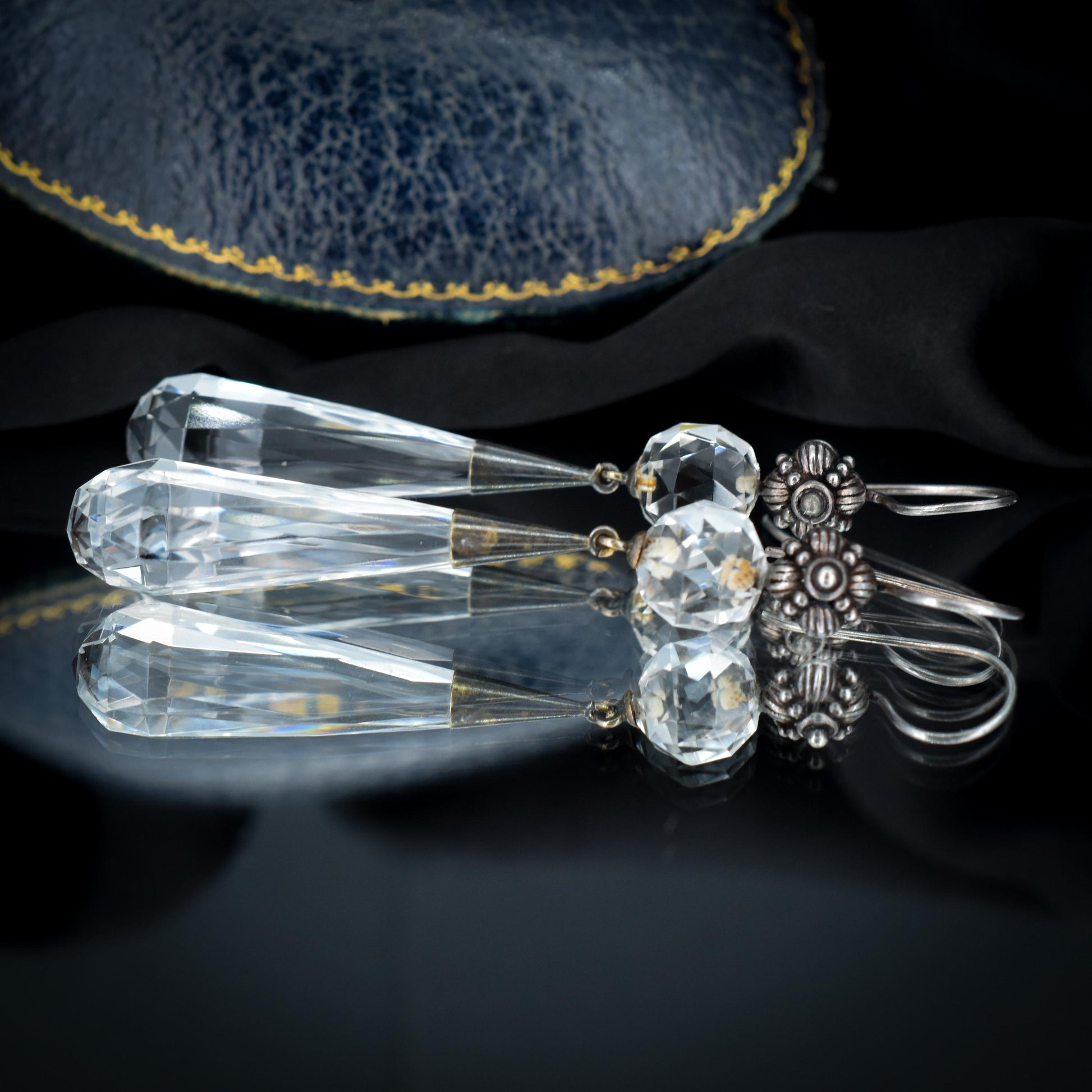 Art Deco Briolette Cut Rock Crystal Sterling Silver Drop Dangle Earrings