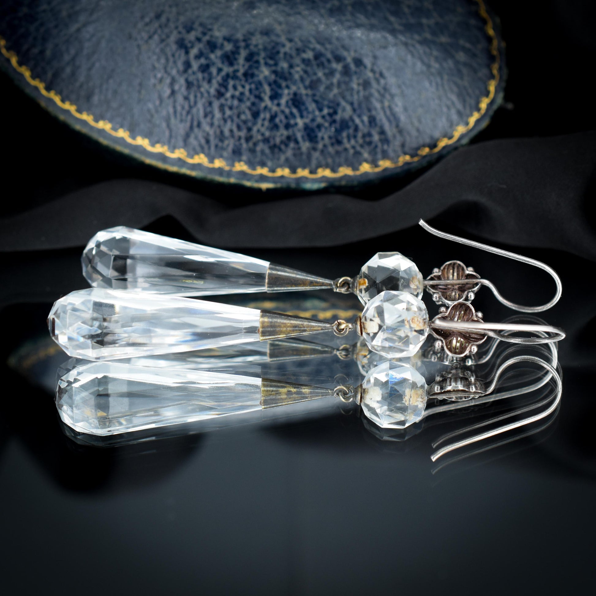 Art Deco Briolette Cut Rock Crystal Sterling Silver Drop Dangle Earrings